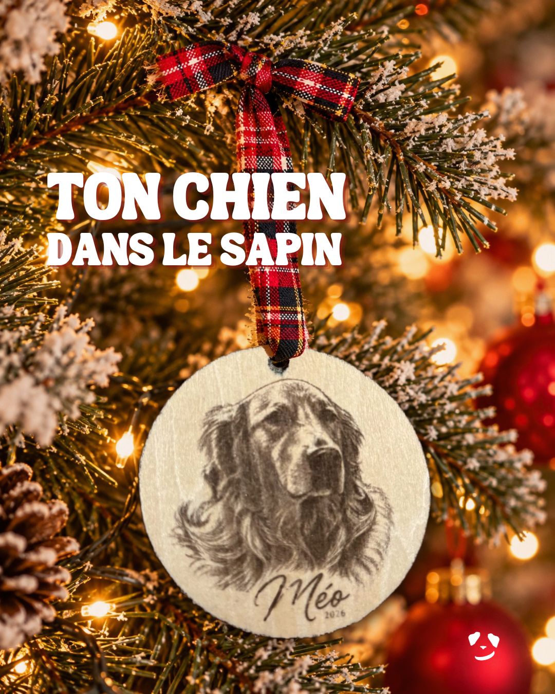 Ornement de Noël personnalisé – Portrait de ton chien gravé sur bois | Fait au Québec