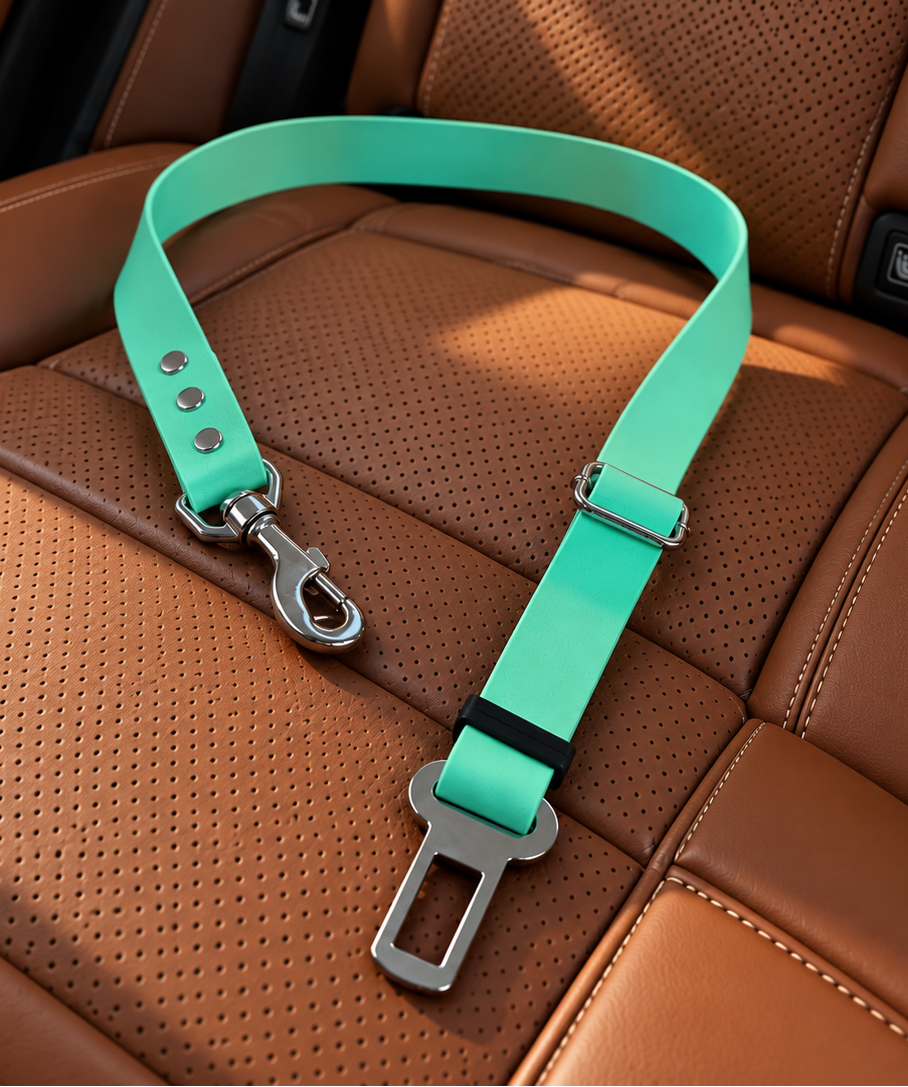 Attache ceinture sécurité chien voiture en Biothane turquoise fabriquée au Québec