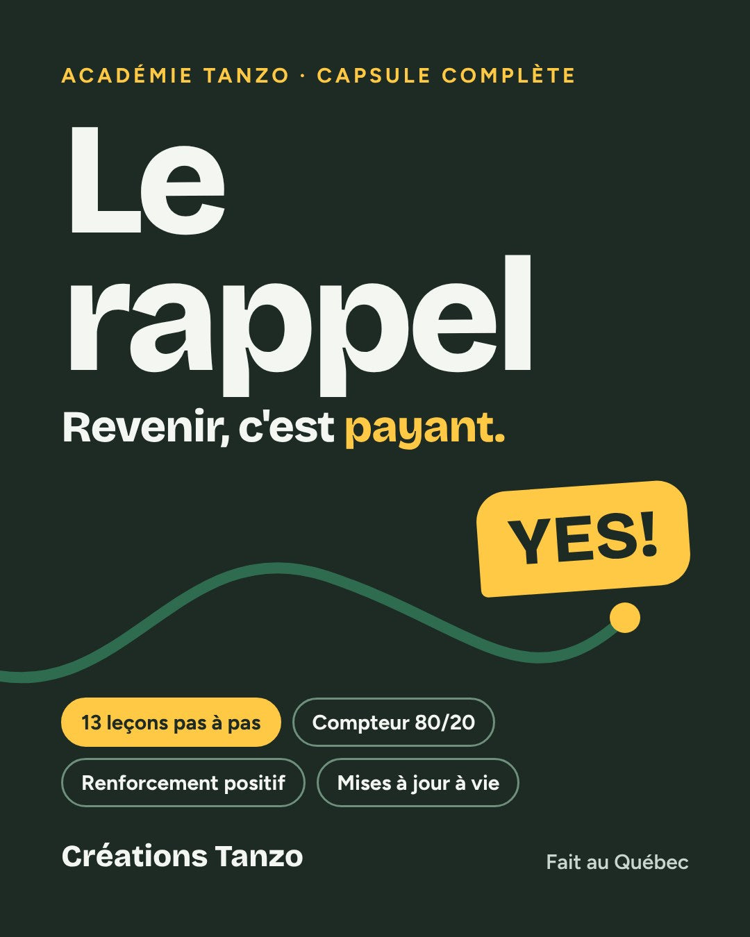 Capsule Le rappel de l'Académie Tanzo : formation en ligne pour apprendre le rappel à son chien en renforcement positif, 13 leçons et compteur 80/20, Créations Tanzo, fait au Québec