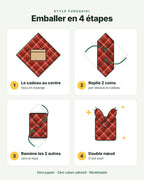 Comment emballer un cadeau en tissu style furoshiki en 4 étapes : déposer le cadeau au centre du tissu en losange, replier deux coins, ramener les deux autres et faire un double nœud. Emballage cadeau réutilisable fait à la main au Québec.
