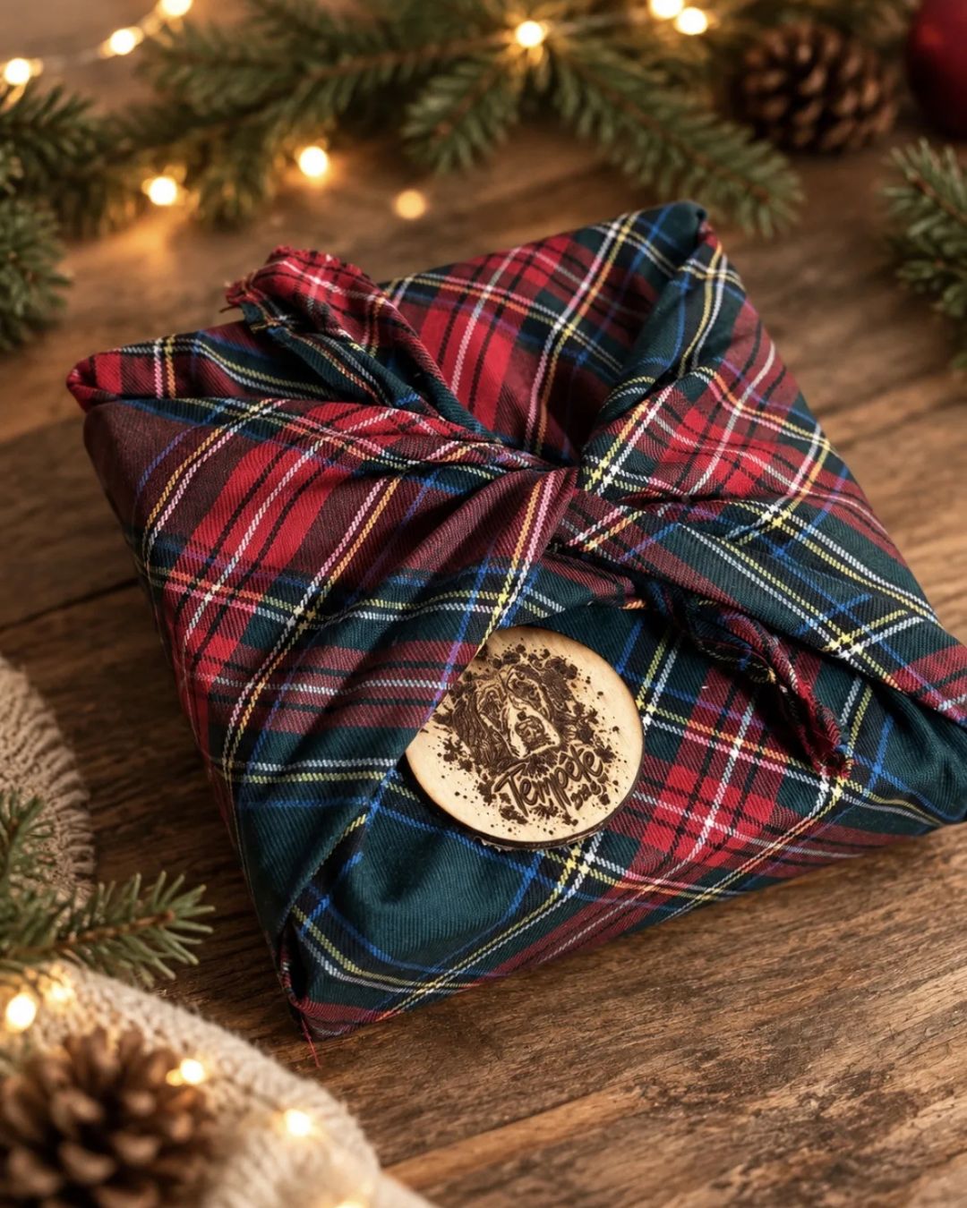 Emballage cadeau réutilisable en tissu tartan vert, rouge et bleu, noué style furoshiki. Emballage cadeau écologique fait à la main au Québec.