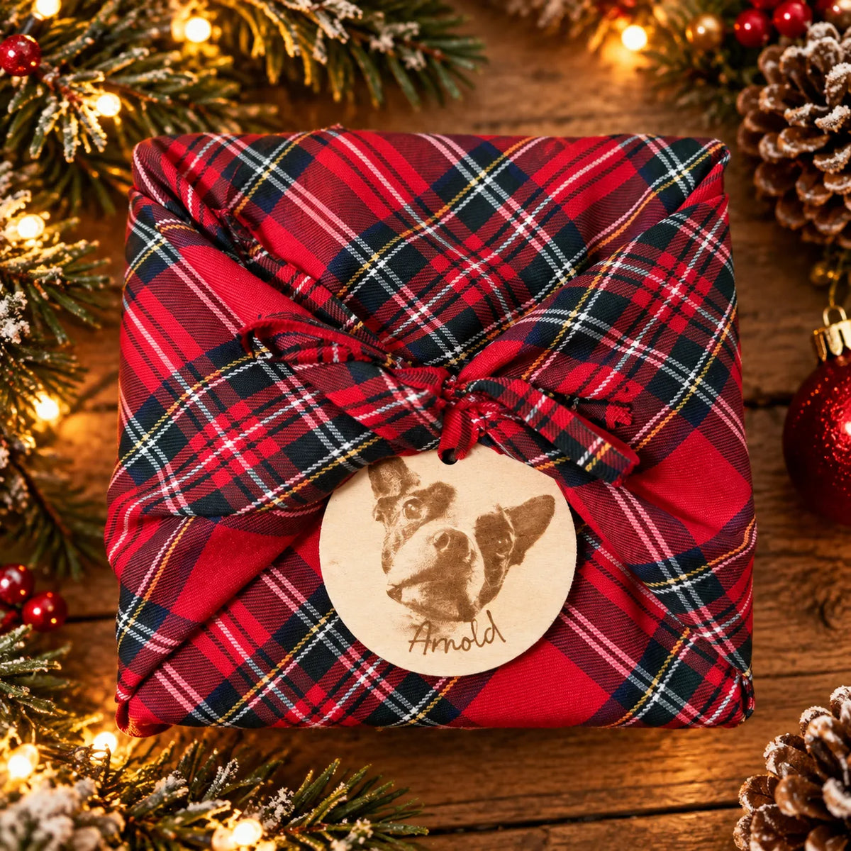 Ornement de Noël personnalisé – Portrait de ton chien gravé sur bois | Fait au Québec