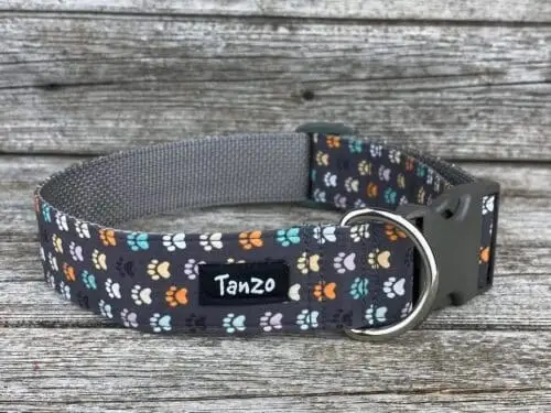 Collier, pattes de chien colorées sur fond gris