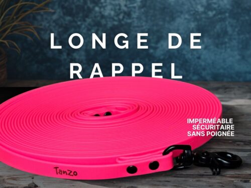 Longe de rappel pour chien en Biothane rose fluo, imperméable et sécuritaire, sans poignée. Mousqueton amovible en option, quincaillerie noire.