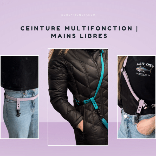 Trois photos montrant la ceinture multifonction en Biothane portée en bandoulière et à la taille, idéale pour des promenades mains libres.