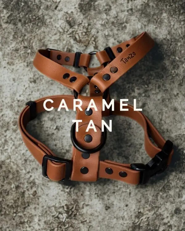 Harnais pour chien en Biothane couleur caramel avec quincaillerie noire, posé sur fond texturé.