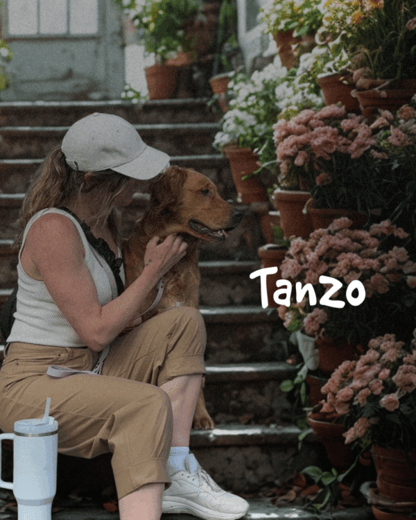 Femme assise avec son chien portant un collier imperméable Tanzo, entourés de fleurs