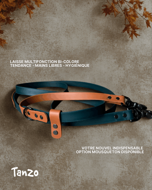 Laisse pour chien bicolore en Biothane vert chasseur et caramel, multifonction, imperméable et hygiénique.